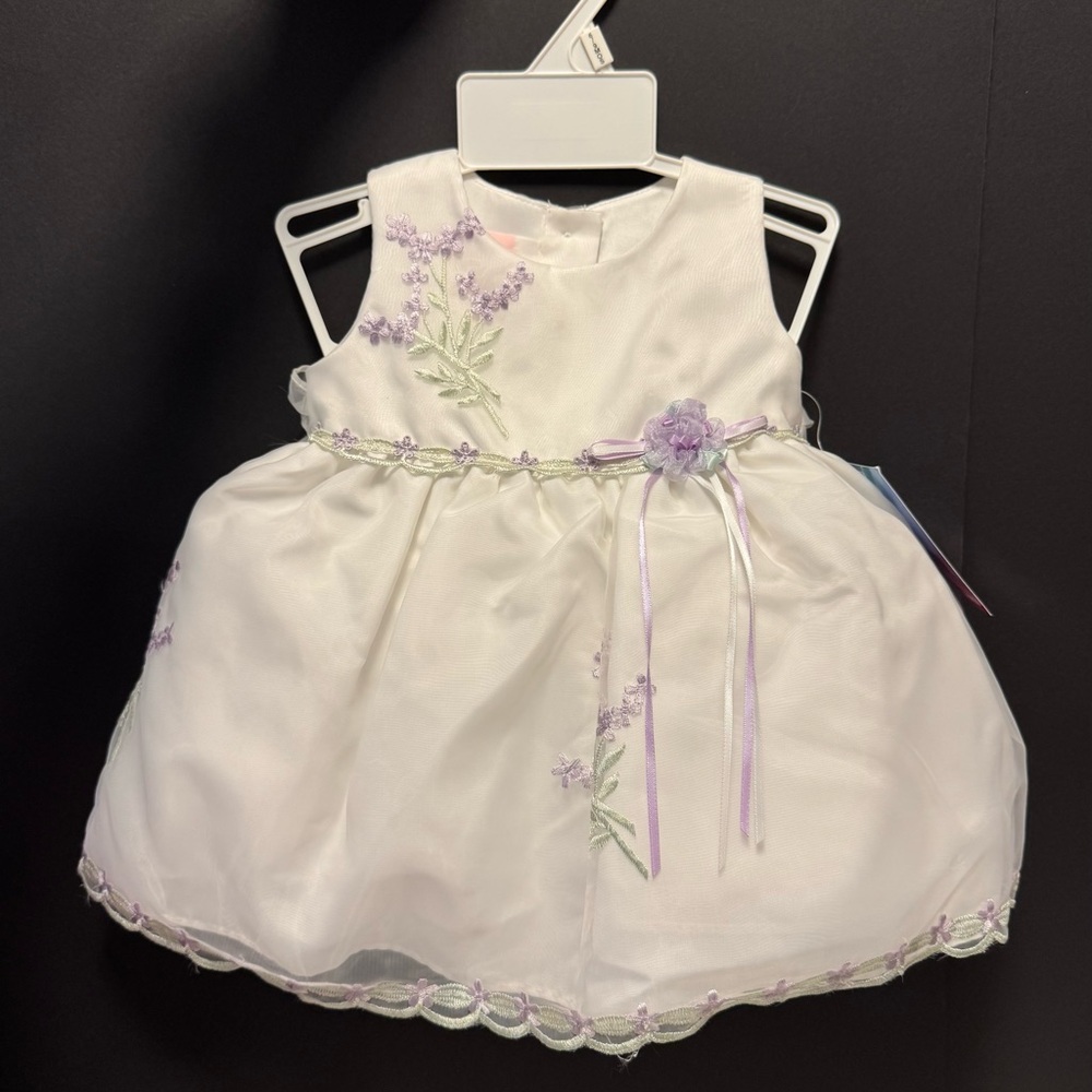 NWT La Princess White Baby Dress w/ Purple & Green Floral Embroidery. 6-9 months